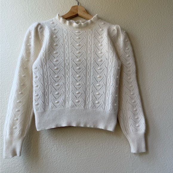 AQUA 100% Cashmere White Cropped Sweater Puff Sleeve Pointelle Knit XS - Picture 2 of 13